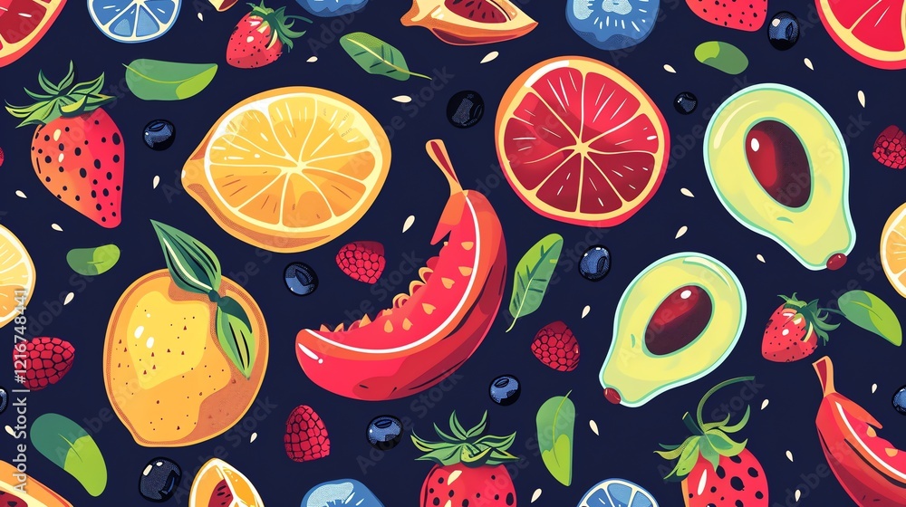 A seamless pattern of colorful fruits. A seamless pattern of colorful fruits.
