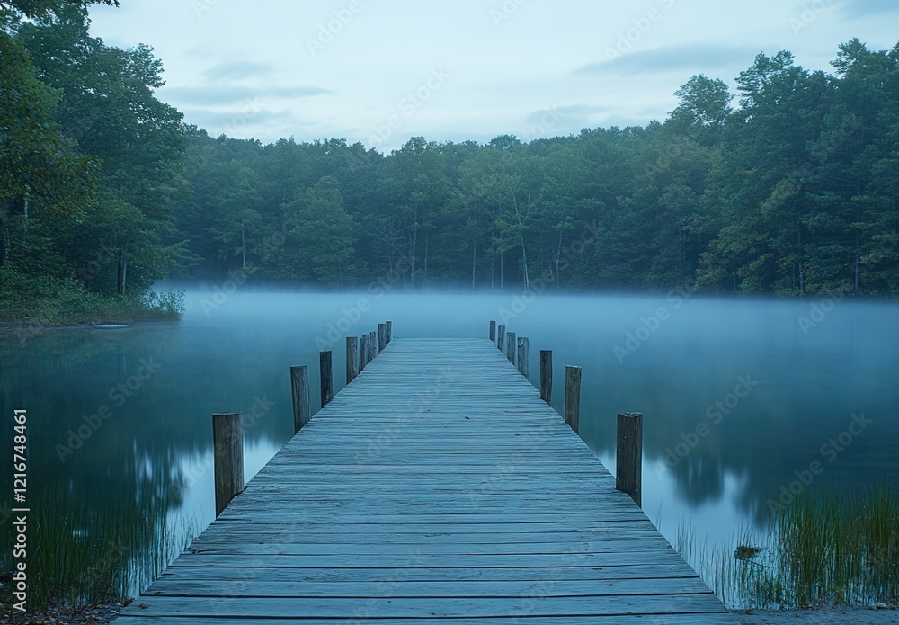 Naklejka premium A long wooden dock leads into the blue waters of an idyllic lake, surrounded by a dense green forest.