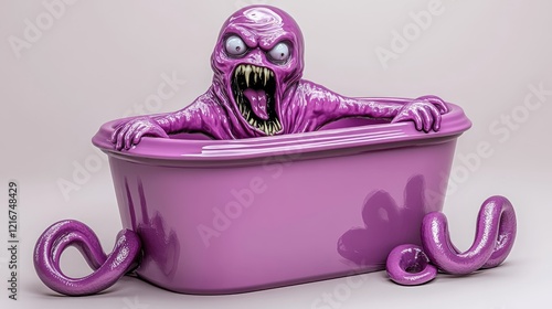 A Grotesque Purple Creature Emerging from a Tub A Digital Horror Illustration