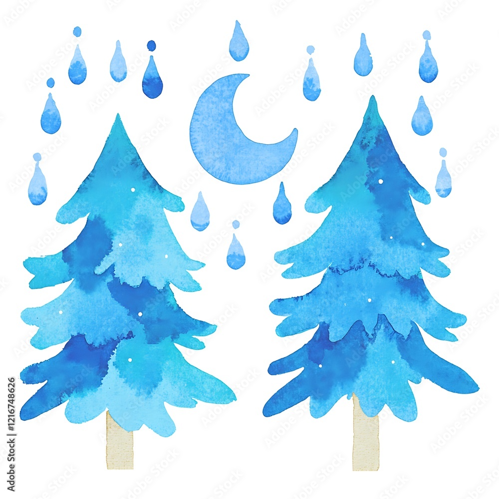Obraz premium Watercolor Painting of Two Blue Pine Trees Under a Crescent Moon with Raindrops