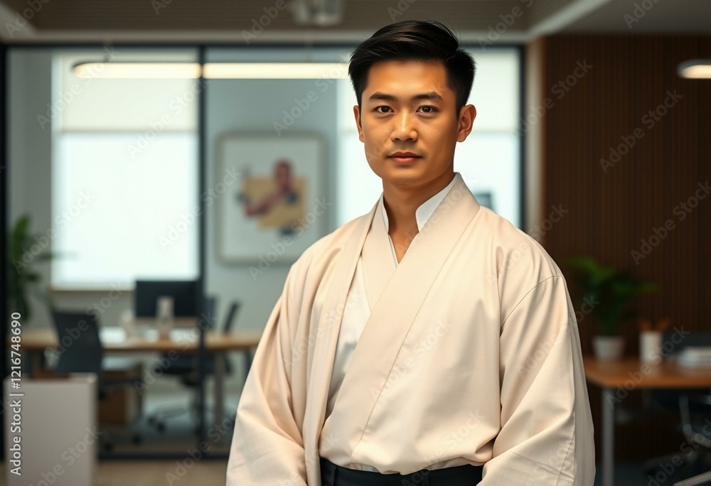 Obraz premium Portrait of a man in traditional clothes in a modern office