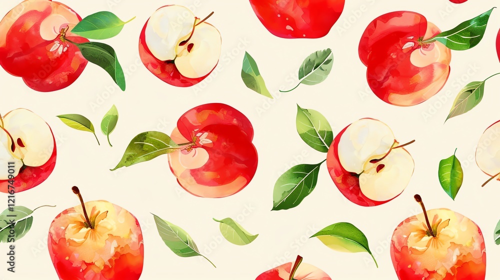 A seamless pattern featuring watercolor illustrations of apples and leaves on a cream background. A seamless pattern featuring watercolor illustrations of apples and leaves on a cream background.