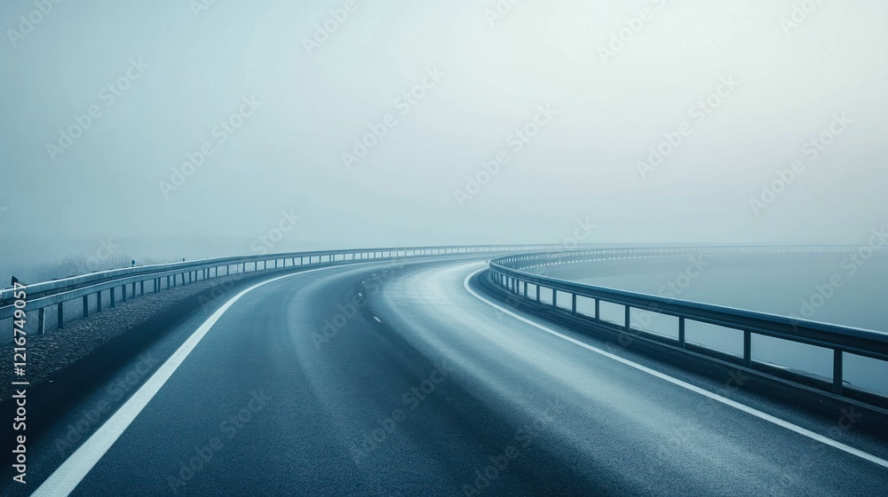 Fototapeta premium A winding road disappears into a foggy landscape, creating a serene and mysterious atmosphere.