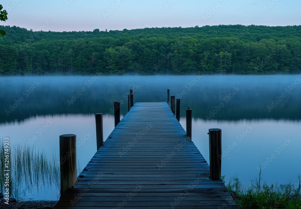 A long wooden dock leads into the blue waters of an idyllic lake, surrounded by a dense green forest. A long wooden dock leads into the blue waters of an idyllic lake, surrounded by a dense green forest.