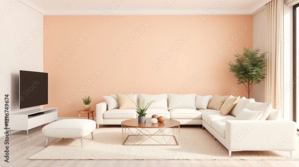 3D render of a minimal luxury living room interior, Lounge in peach fuzz 2025 color palette, featuring a white sofa against a beige wall, tight close-up shot, mystic enchanting environment 3D render of a minimal luxury living room interior, Lounge in peach fuzz 2025 color palette, featuring a white sofa against a beige wall, tight close-up shot, mystic enchanting environment
