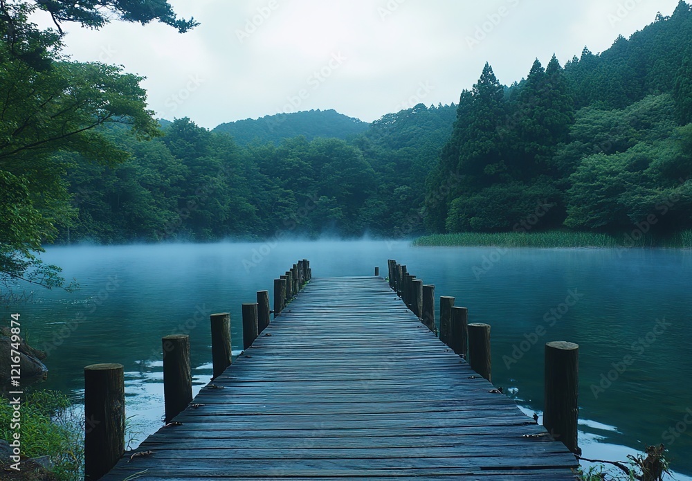 Naklejka premium A long wooden dock leads into the blue waters of an idyllic lake, surrounded by a dense green forest.