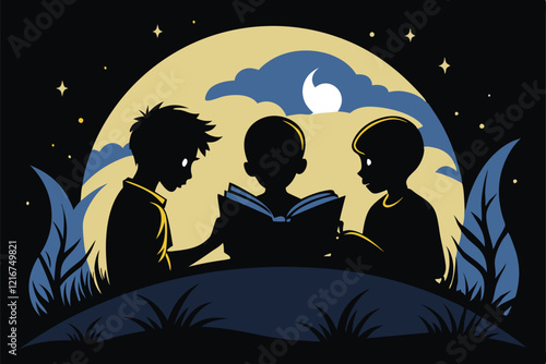 black Silhouette Kids Reaching Stars with Yellow Moon Background Logo Template