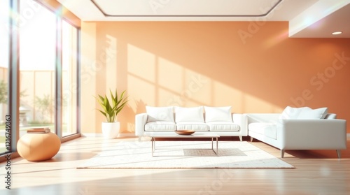 3D render of a minimal luxury living room interior, Lounge in peach fuzz 2025 color palette, featuring a white sofa against a beige wall, tight close-up shot, mystic enchanting environment photo