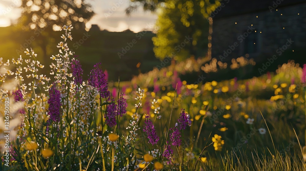 Obraz premium Sunset wildflowers meadow cottage landscape