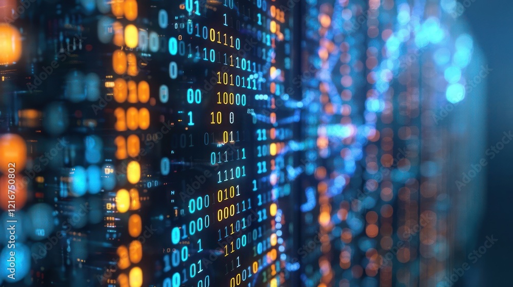 Abstract digital data visualization with glowing binary code and interconnected lines in a tech environment Abstract digital data visualization with glowing binary code and interconnected lines in a tech environment