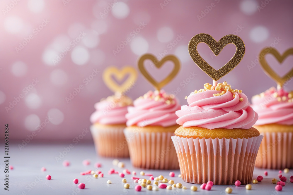 Valentines Day Cupcake treat with buttercream icing and heart shaped toppers on a pink background. AI generated Valentines Day Cupcake treat with buttercream icing and heart shaped toppers on a pink background. AI generated