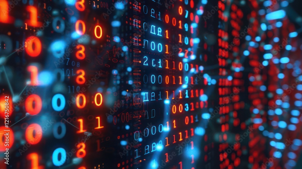 Abstract visualization of binary code and digital data streams with glowing lights in a tech environment