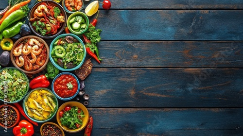 Wallpaper Mural Colorful Dishes with Garnishes on Wooden Background Torontodigital.ca