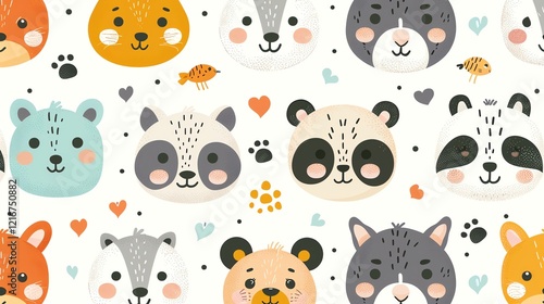 A playful and colorful seamless pattern featuring the faces of various cute animals, including a panda, raccoon, bear, and fox, on a white background. photo