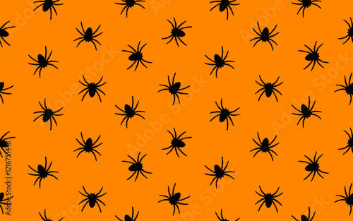 Scary Black Spiders Seamless Vector Pattern. Halloween Print With Black Spiders Isolated on an Orange Background. Black Tarantulas Endless Print. Halloween Wallpaper With Fat Spooky Hairy Spiders