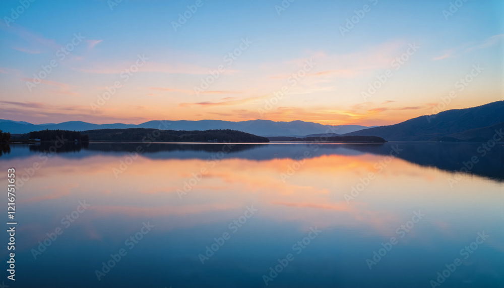 Fototapeta premium Serene hydroelectric reservoir reflecting dawn sky hues, tranquil energy