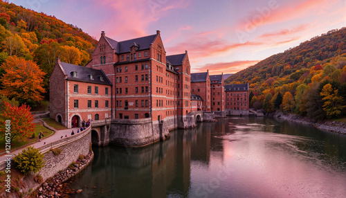 Historic hydroelectric plant at twilight by a river, timeless beauty