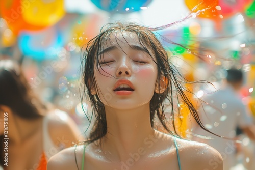 Young Asian woman is visibly sweating and appears faint in a lively festival setting. Colorful decorations and a crowd provide a vibrant backdrop under bright sunlight