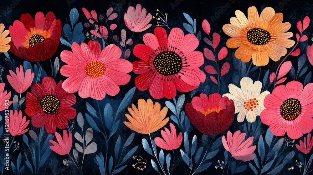 Vibrant floral illustration featuring a diverse array of stylized blossoms against a dark background Vibrant floral illustration featuring a diverse array of stylized blossoms against a dark background