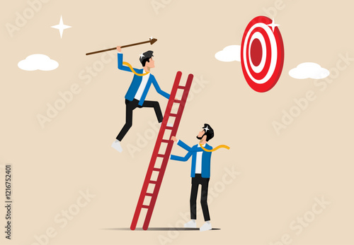 Developing the ladder to success, the business team helps to prepare the ladder of success to achieve the target, setting business goals, targets, goals and objectives, partnerships and teamwork towar