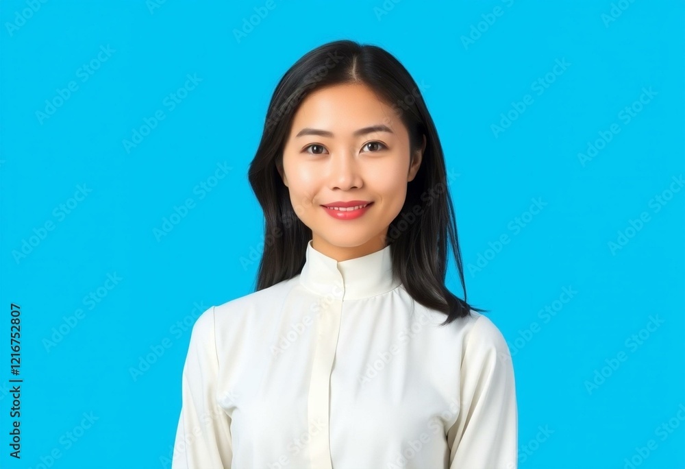 Asian woman standing against bright blue background Asian woman standing against bright blue background