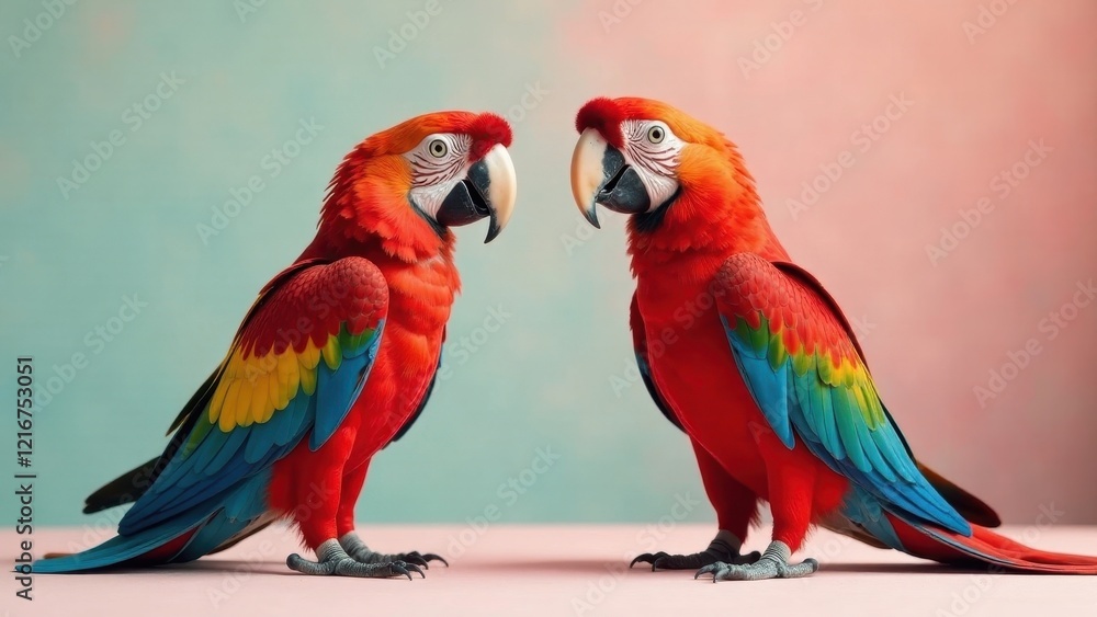 Obraz premium A vibrant pair of scarlet macaws face each other against a soft pastel backdrop, showcasing their brilliant plumage and captivating gaze.