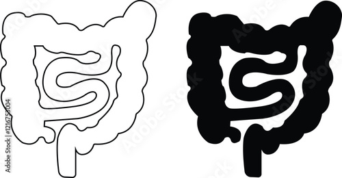 Human intestine line and flat icon set. Gastric organ, digestive intestine illustration sign. Human body related internal organ. Anatomical intestine symbol on isolated transparent background. 