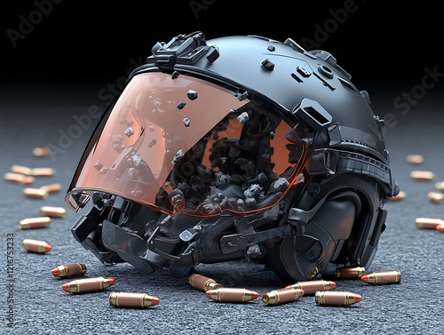 Dramatic 3D render of a damaged tactical helmet amidst scattered bullets.  The shattered visor reveals internal destruction, perfect for concepts of war, conflict, or loss. photo