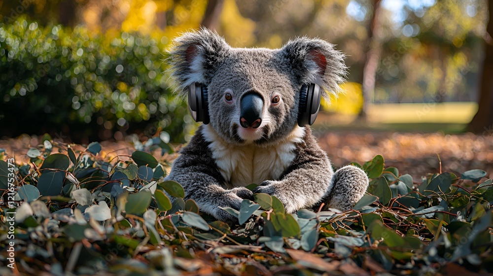 Obraz premium Koala listening music headphones park autumn leaves