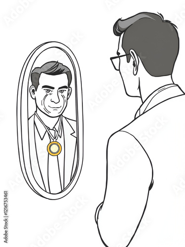 Single one line drawing narcissistic businessman looking at mirror and seeing in reflection of himself with gold medal, person overestimate himself, self confidence. Continuous draw line design vector photo