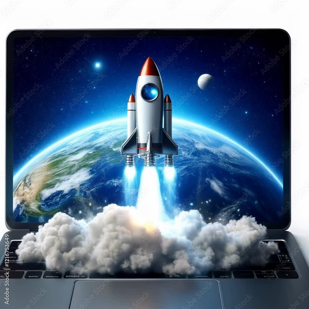 Animation of a metallic space rocket launching From a Laptop isolated on a white background