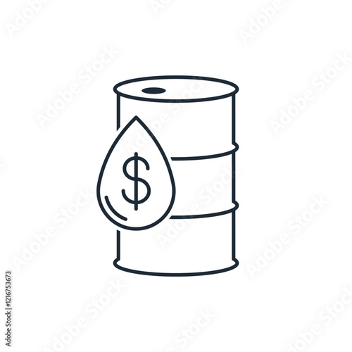 Barrel and drop of oil with dollar. Petrodollar. Vector linear icon isolated on white background.