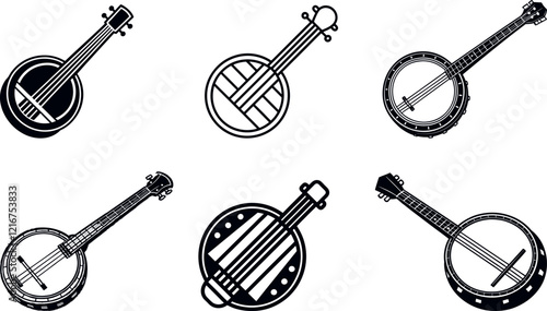 Collection of Vector Banjo Illustrations Featuring Various Designs and Perspectives