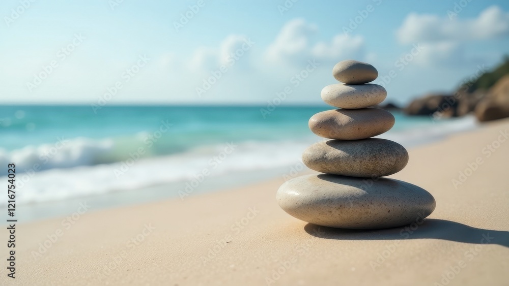 Serene Coastal Stack of Smooth Pebbles on Sandy Beach Near Ocean Waves Serene Coastal Stack of Smooth Pebbles on Sandy Beach Near Ocean Waves