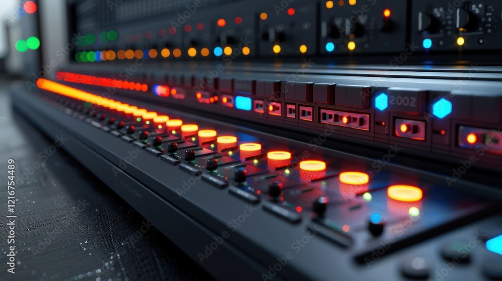 Close-up view of a professional audio mixing console with illuminated buttons and sliders in use