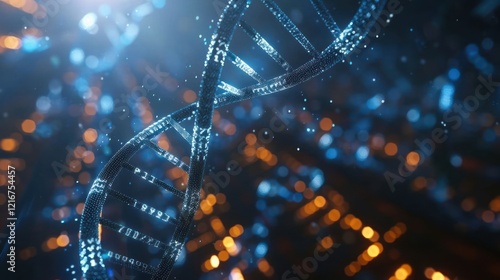 Abstract visualization of a DNA double helix structure illuminated by vibrant blue and orange lights