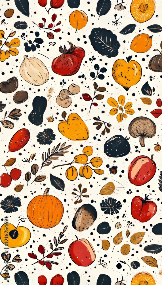 Fototapeta premium Autumn Harvest Pattern A Whimsical Illustration of Seasonal Fruits, Vegetables, and Nature