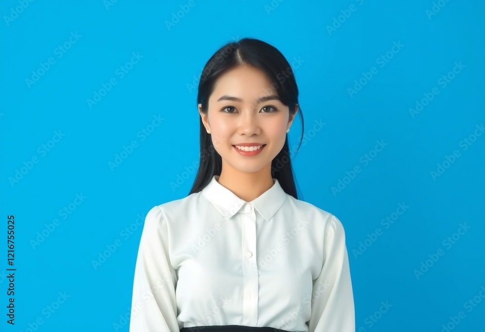 A portrait of a woman standing in front of a blue background with a focus on her eyes A portrait of a woman standing in front of a blue background with a focus on her eyes