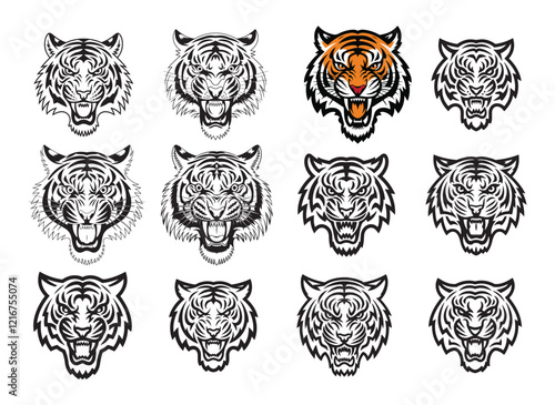 Set of tiger face silhouette. Collection of portrait wildcats. Tiger heads vector. Sticker sheet with tiger face icon silhouettes Bundle