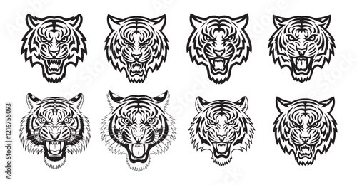 Set of tiger face silhouette. Collection of portrait wildcats. Tiger heads vector. Sticker sheet with tiger face icon silhouettes Bundle