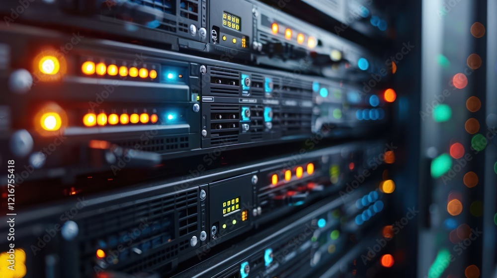 Close-up view of illuminated server racks in a data center with colorful lights in the background Close-up view of illuminated server racks in a data center with colorful lights in the background
