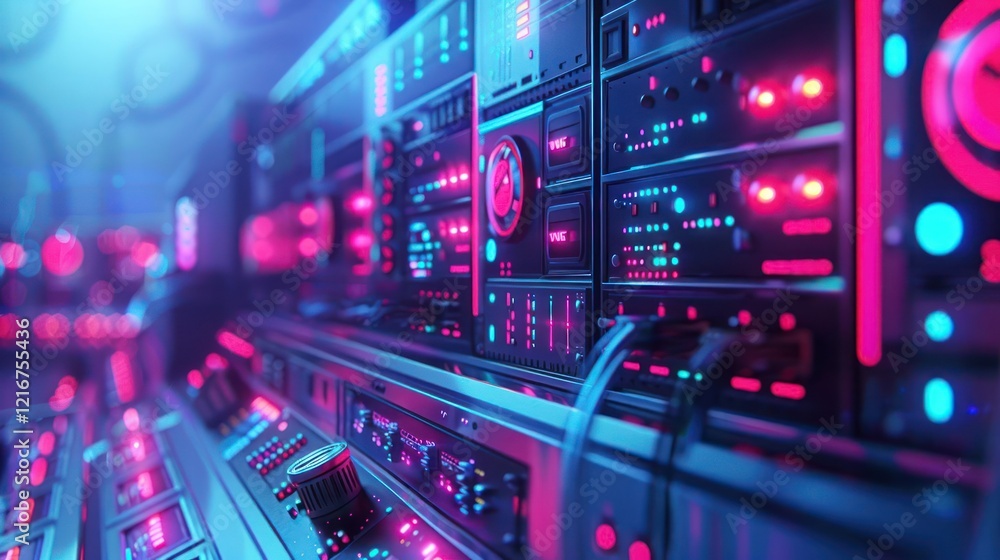 Futuristic server room with glowing lights and complex technology, showcasing data processing Futuristic server room with glowing lights and complex technology, showcasing data processing