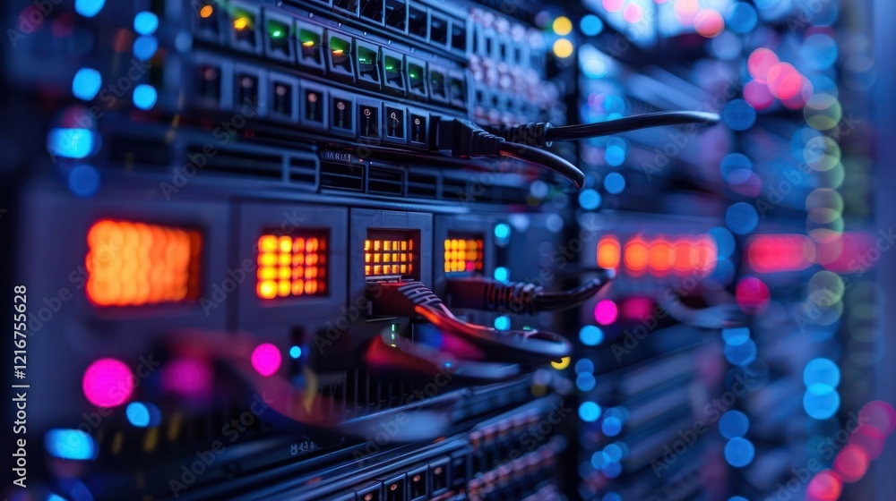 Close-up view of illuminated server racks showcasing data processing technology in a data center Close-up view of illuminated server racks showcasing data processing technology in a data center