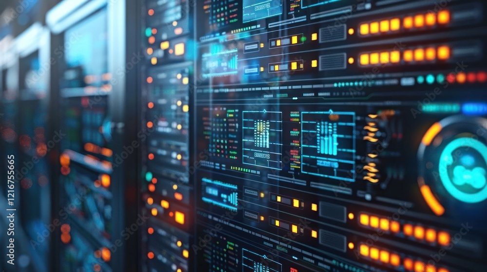 Close-up view of a high-tech server room showcasing illuminated data panels and circuitry Close-up view of a high-tech server room showcasing illuminated data panels and circuitry