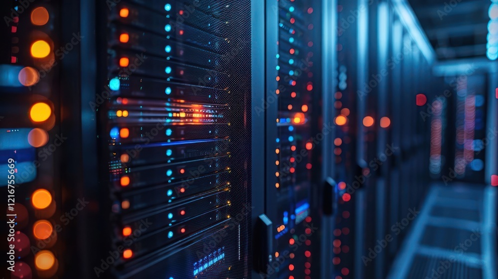 Data center with illuminated server racks showcasing advanced technology and connectivity Data center with illuminated server racks showcasing advanced technology and connectivity