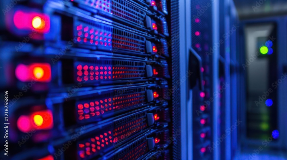 Close-up of illuminated server racks in a data center, showcasing technology and connectivity (1) Close-up of illuminated server racks in a data center, showcasing technology and connectivity (1)