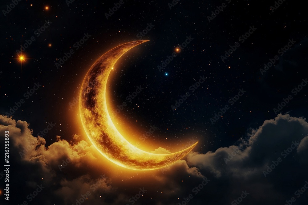 A glowing golden crescent moon surrounded by stars in a dark, clear night sky, with soft clouds adding depth to the scene A glowing golden crescent moon surrounded by stars in a dark, clear night sky, with soft clouds adding depth to the scene