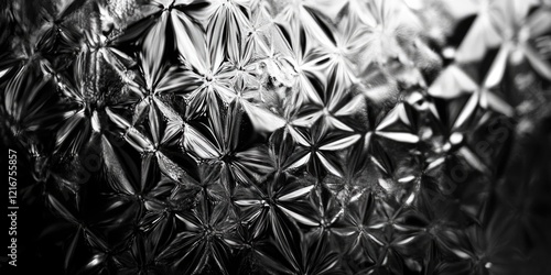 A close up of a glass with a pattern of stars. The image is black and white and has a moody, mysterious feel to it