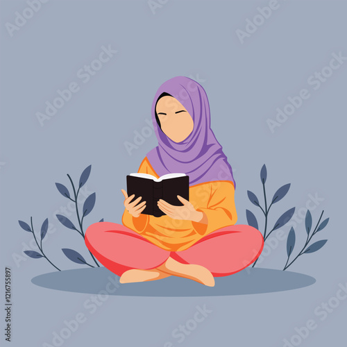 vector illustration of woman studying and reading the holy quran in their daily activity 