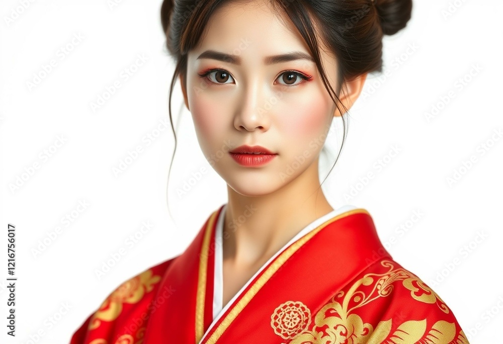Traditional Japanese woman in vibrant red kimono Traditional Japanese woman in vibrant red kimono